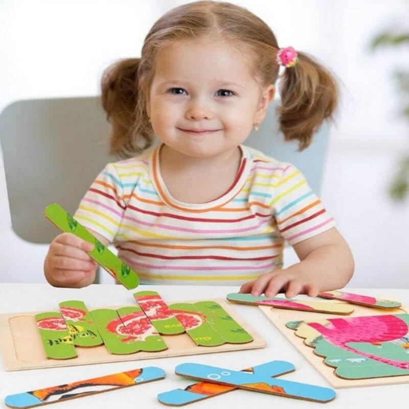 Montessori-Puzzlespielzeug aus Holz fuer Kinder beidseitig